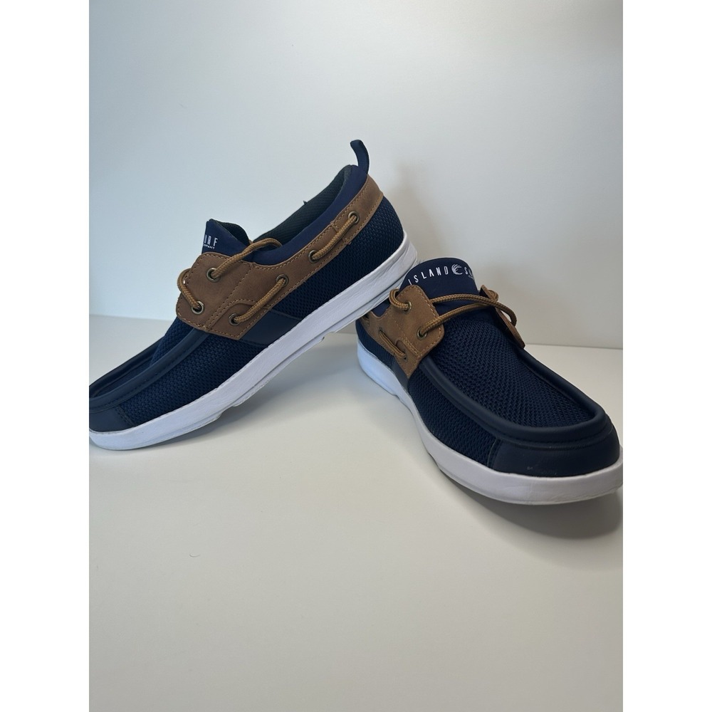 Island Surf Womens Boat Shoes Tan Navy Slip On 8.5M Comfort Lightweight